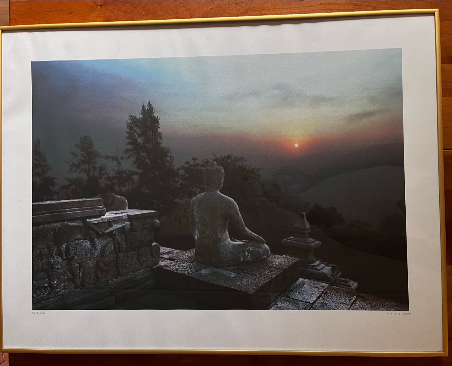 Boeddha bij zonsondergang - Ingelijste print, Ophalen, Print, Print/reproductie, Ingelijst