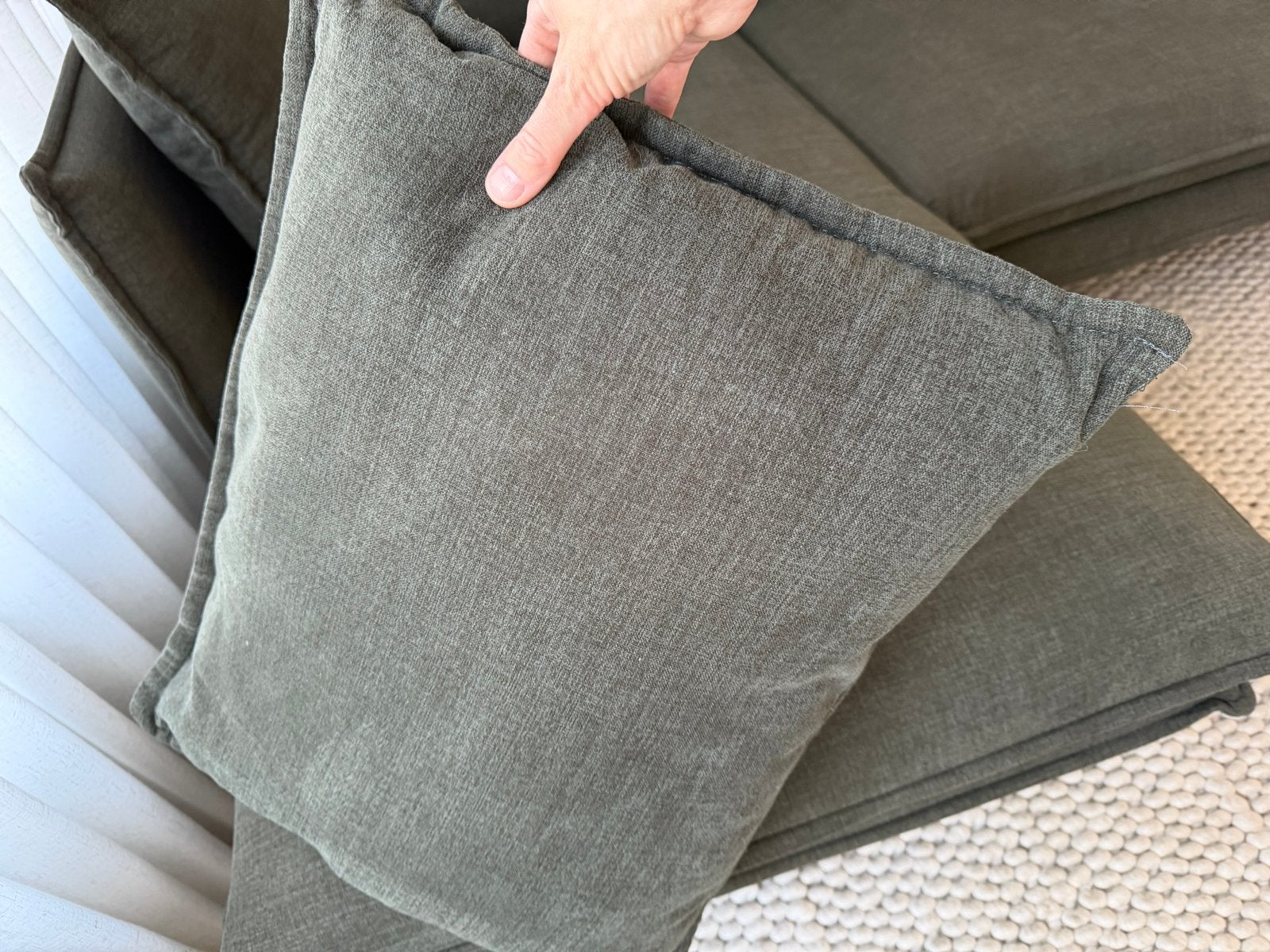 Bank Chaise longue Gayle links warm groen, Ophalen, 250 tot 300 cm, Driepersoons, Zo goed als nieuw