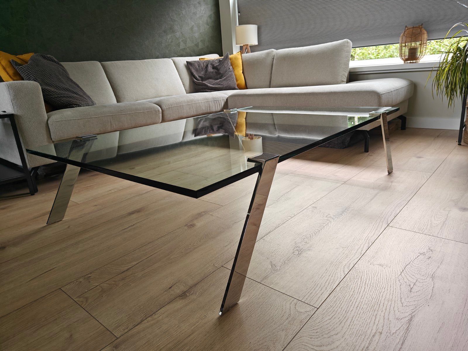 Lourens Fisher 'Balance' glazen salontafel 150x100, Gebruikt, 100 tot 150 cm, Glas, 50 tot 100 cm