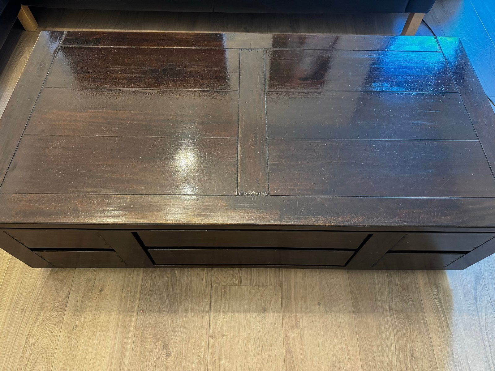 Koloniale kersenhouten salontafel met opberglades 140x70, Ophalen, Gebruikt, 100 tot 150 cm, 50 tot 100 cm
