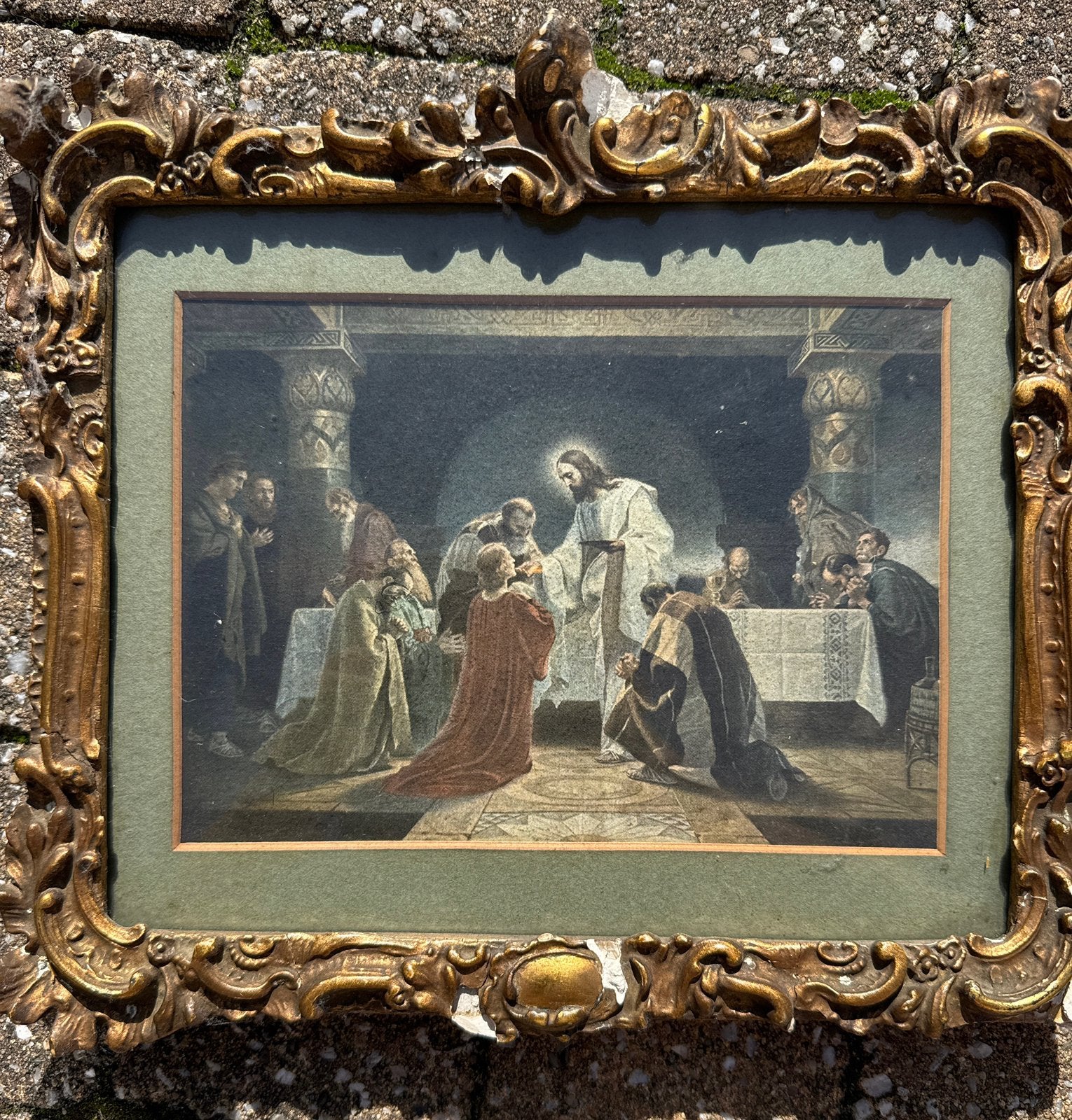 Oude religieuze prent in antieke barok lijst J.B. Max Arnhem, Antiek en Kunst, Ophalen of Verzenden