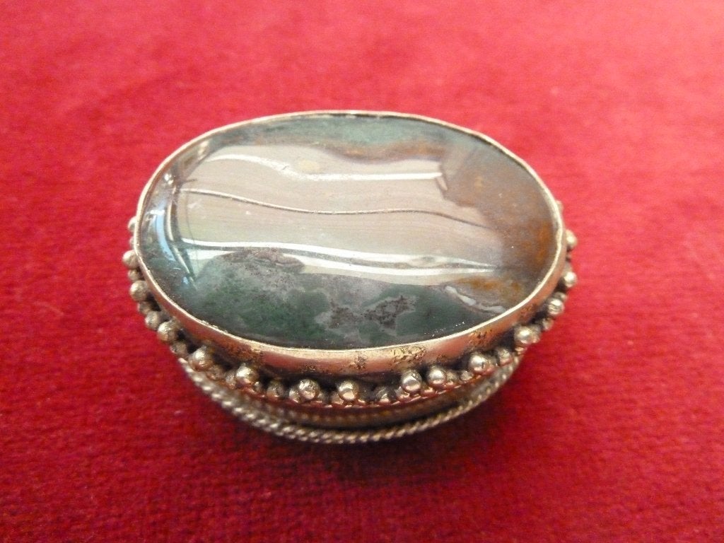 Vintage pillendoosje met agaat steen in deksel, Ophalen of Verzenden
