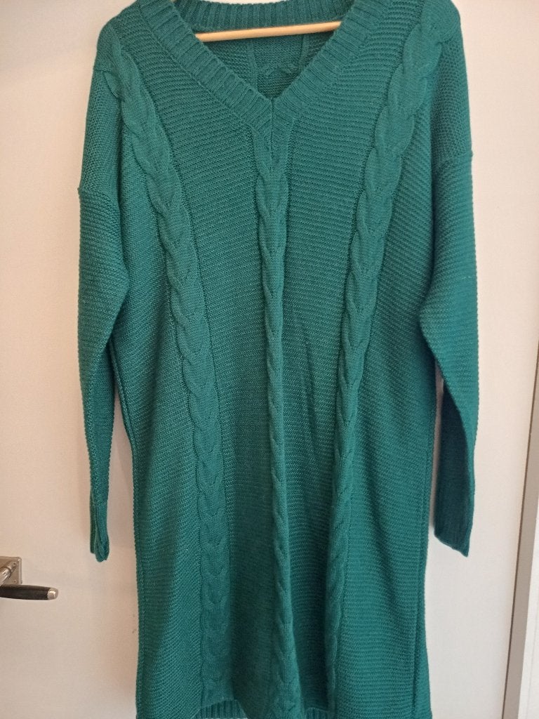 Groene warme jurk met kabels mt XL, Maat 46/48 (XL) of groter, Ophalen of Verzenden, Zo goed als nieuw, Onder de knie