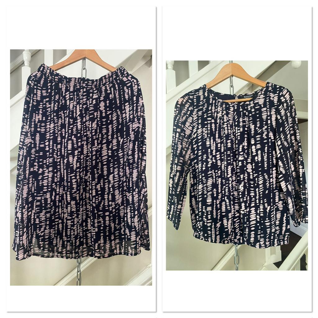Set blauw roze midi rok mt M en top 3/4 mouw mt S Signature, Kleding | Dames, Maat 38/40 (M), Blauw, Ophalen of Verzenden, Zo goed als nieuw
