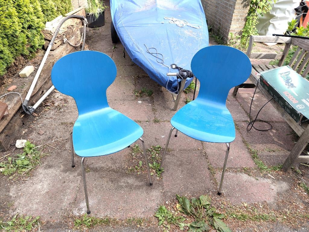 Twee blauwe stoelen model vlinder, Huis en Inrichting, Ophalen, Gebruikt, Twee, Blauw