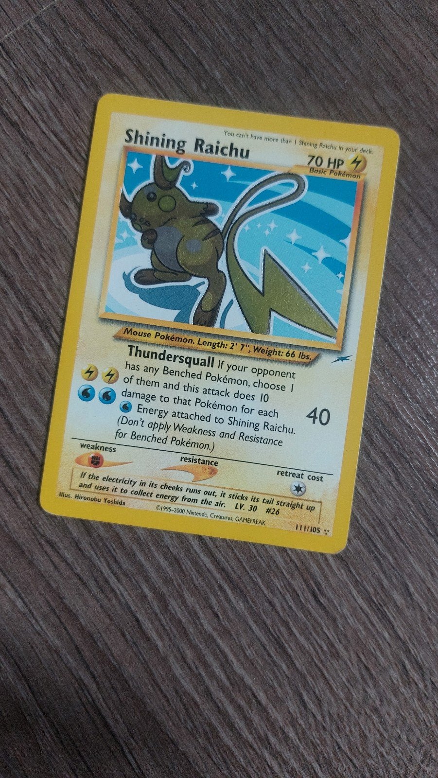 Shining Raichu Pokémon Kaart - Zeldzaam en Glanzend, Ophalen of Verzenden, Gebruikt, Losse kaart, Foil