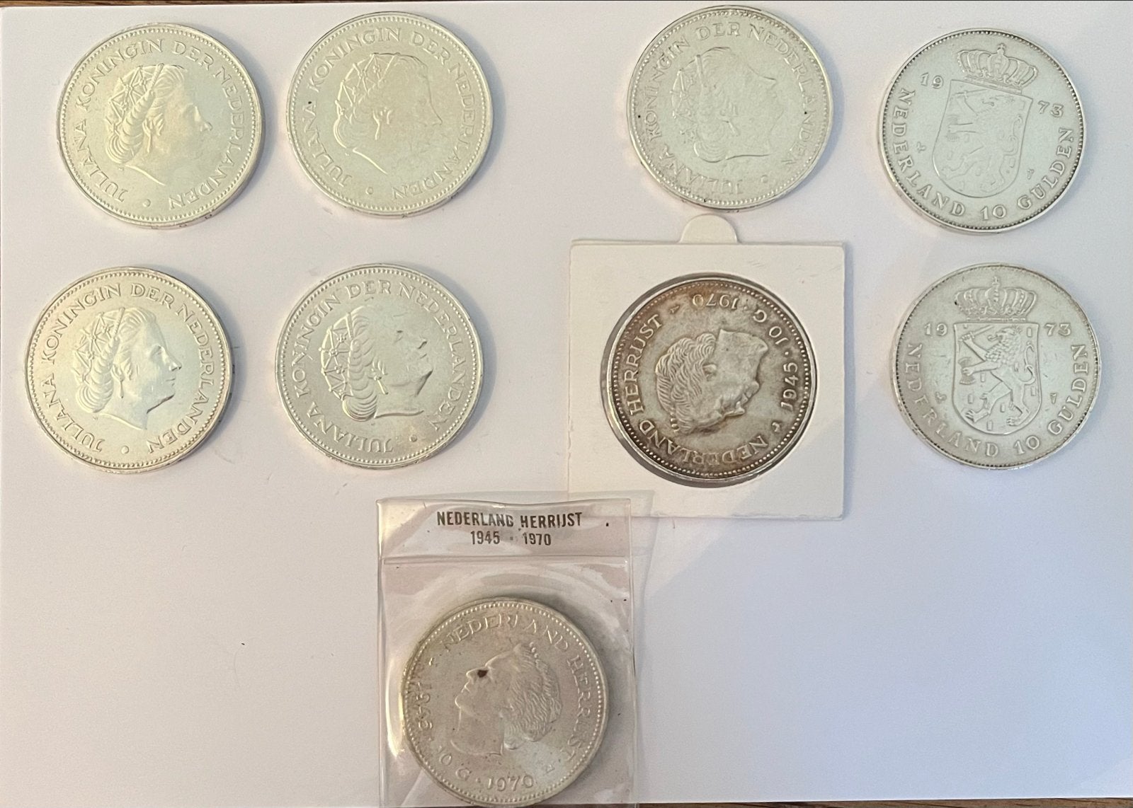 9x Zilveren Tientje Juliana (1970 & 1973), Koningin Juliana, Setje, Zilver, Ophalen of Verzenden