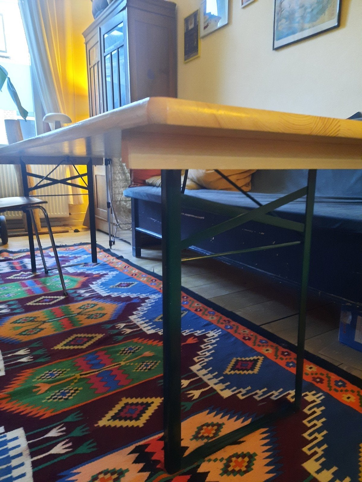 Lange houten tafel met inklapbare poten, Gebruikt, 200 cm of meer, 50 tot 100 cm, Rechthoekig