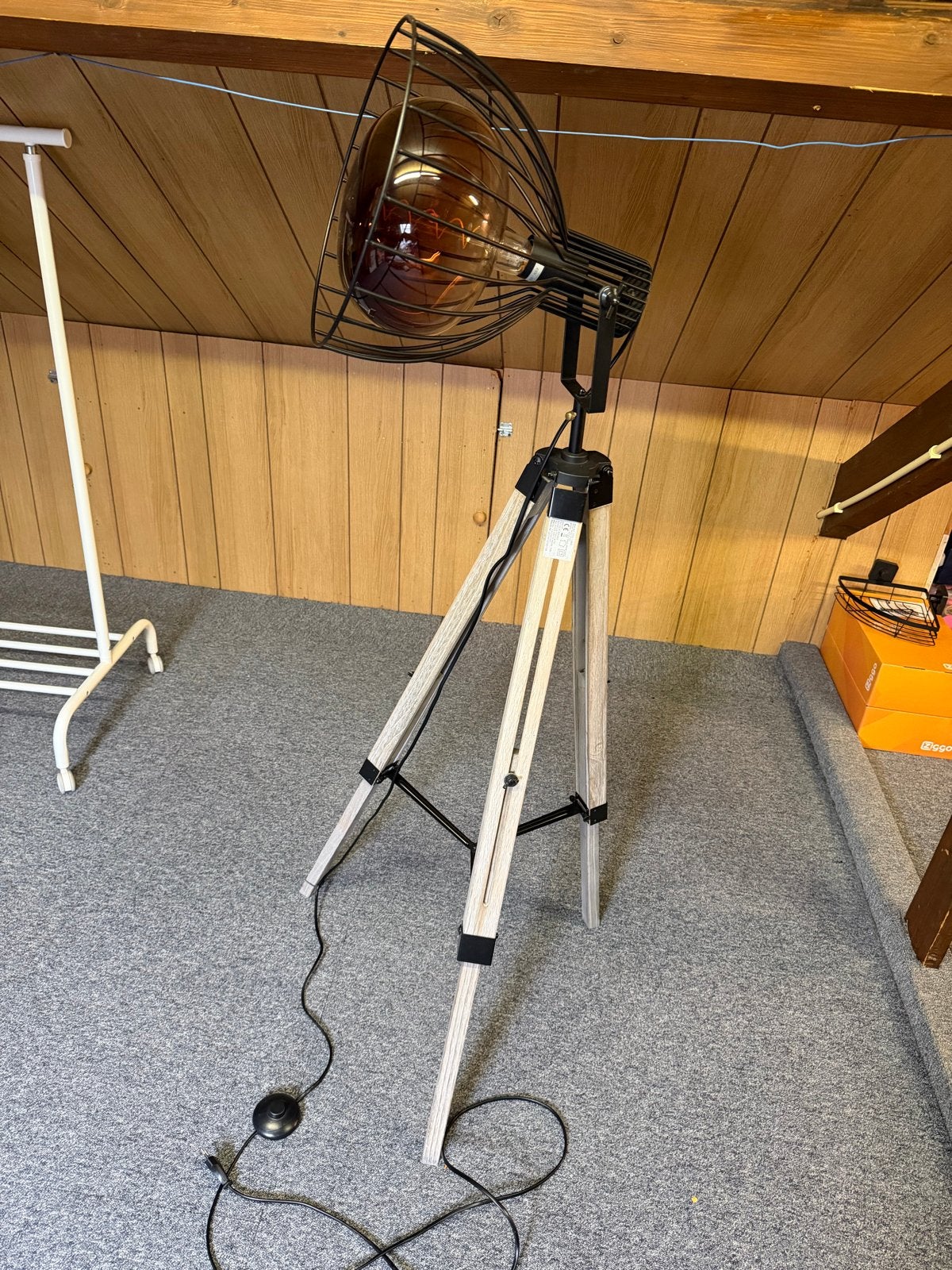 Staande lamp met telescoop poot en voetschakelaar, Ophalen, Gebruikt, E27 (groot), Metaal