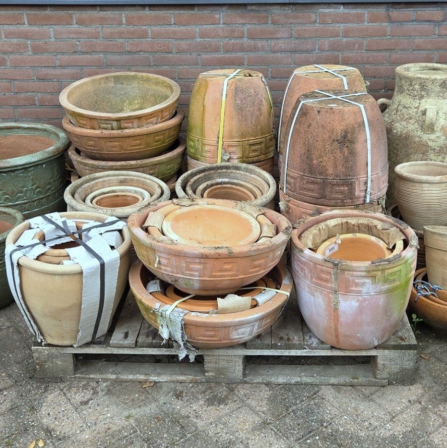 Ronde terracotta bloempotten Aztec schalen terras (set van 3, Gebruikt, Rond, Minder dan 40 cm, Terracotta