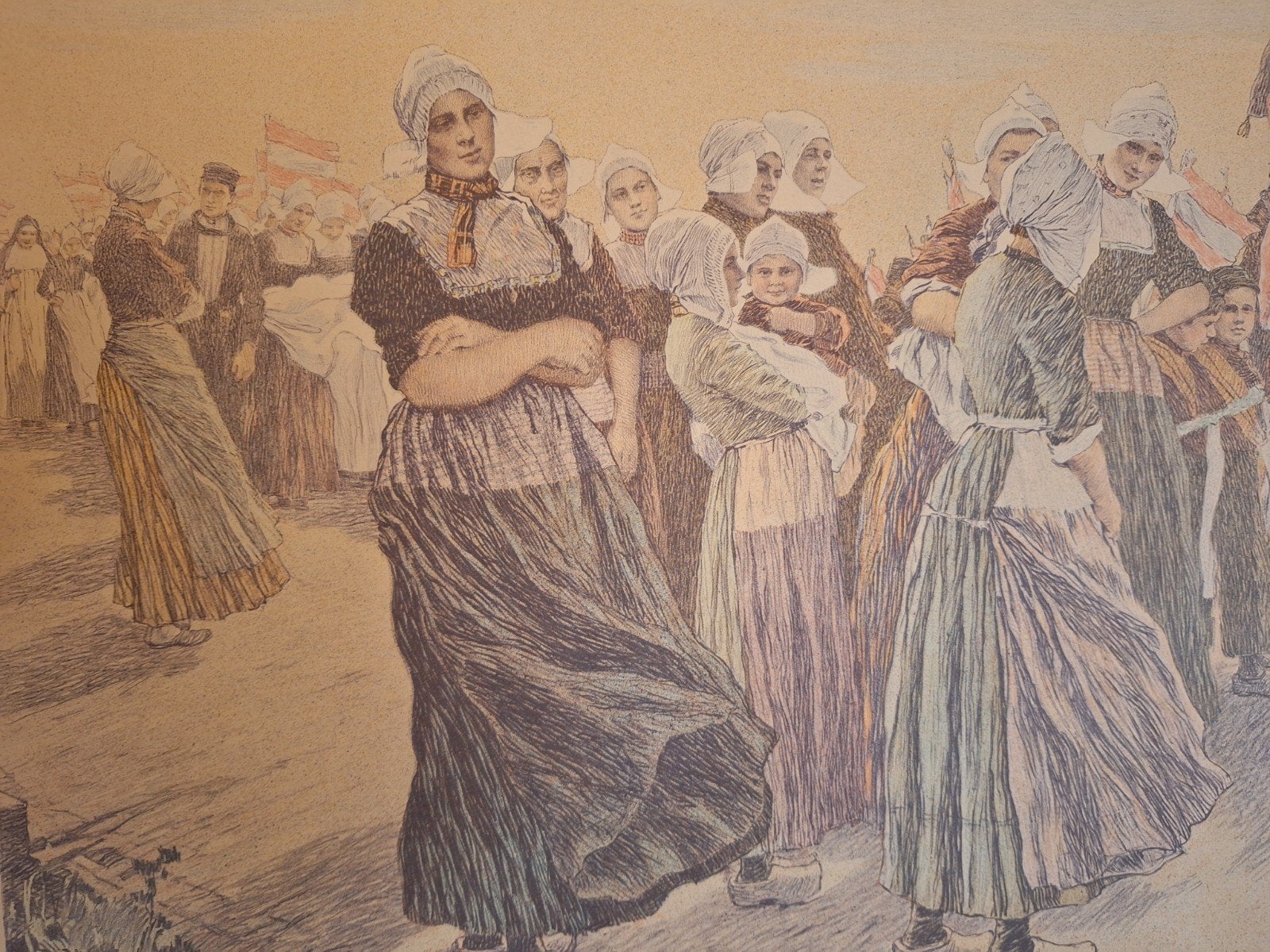 Lithografie Volendamse vrouwen van Ferdinand Kruis, Antiek en Kunst, Ophalen of Verzenden