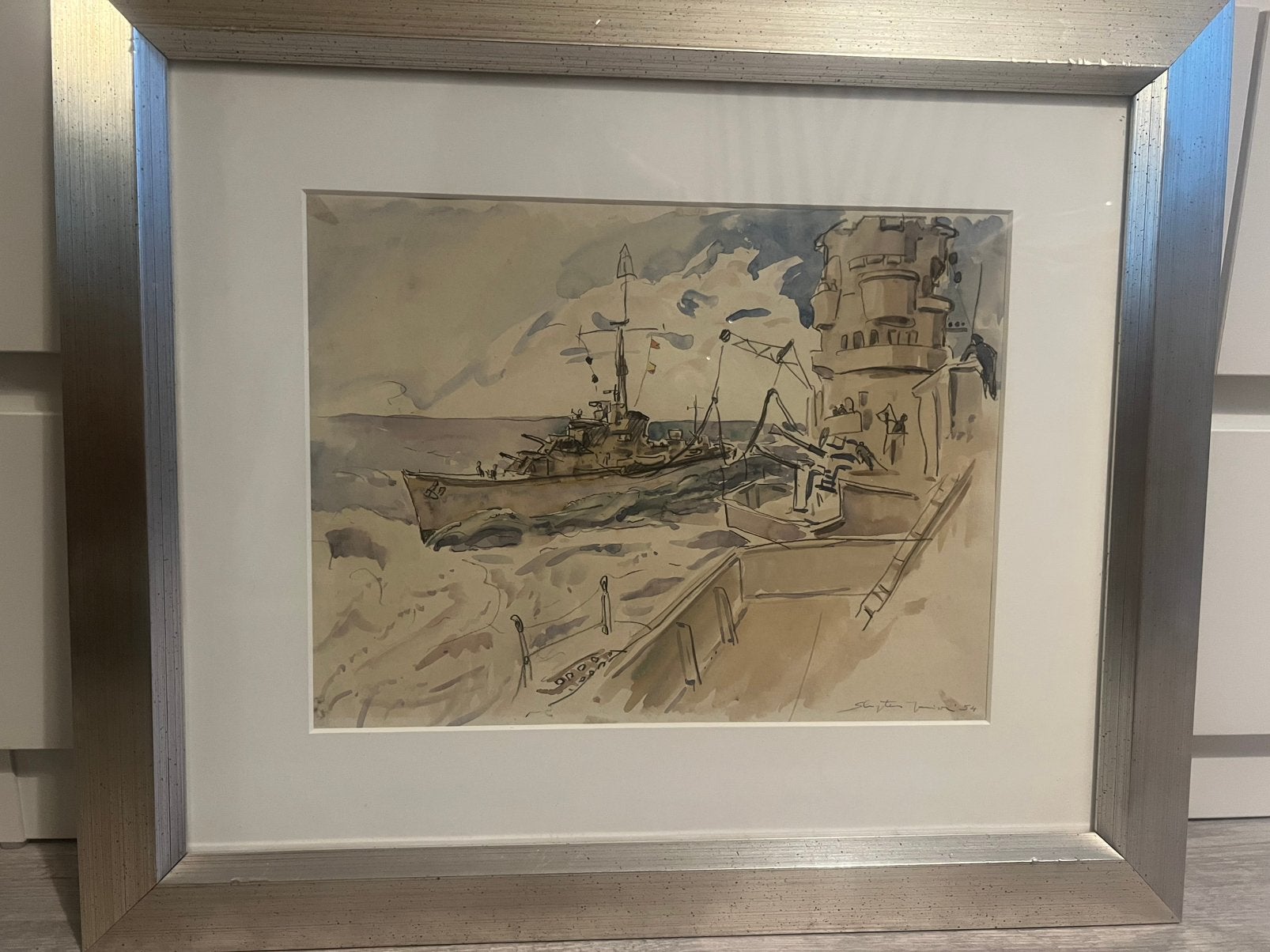 Jan Sluijters jr. Aquarel schilderij vliegdekschepen, Ophalen of Verzenden