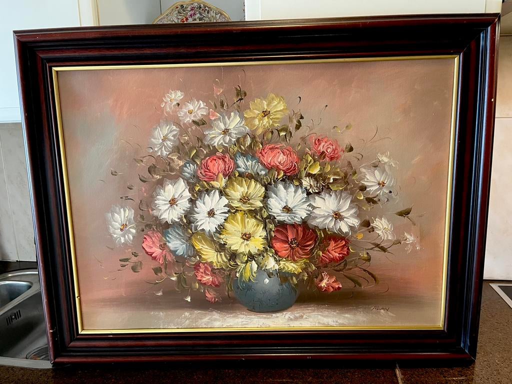 Prachtige groot olieverf bloemen schilderij, Antiek en Kunst, Kunst | Schilderijen | Klassiek, Ophalen of Verzenden