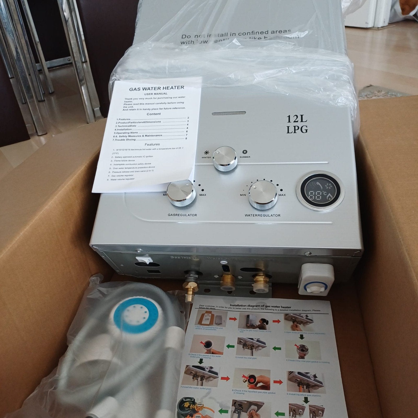 Nieuwe 12L LPG butaan prupan geiser in de doos, Ophalen of Verzenden, Minder dan 3 jaar oud, Minder dan 20 liter, Nieuw
