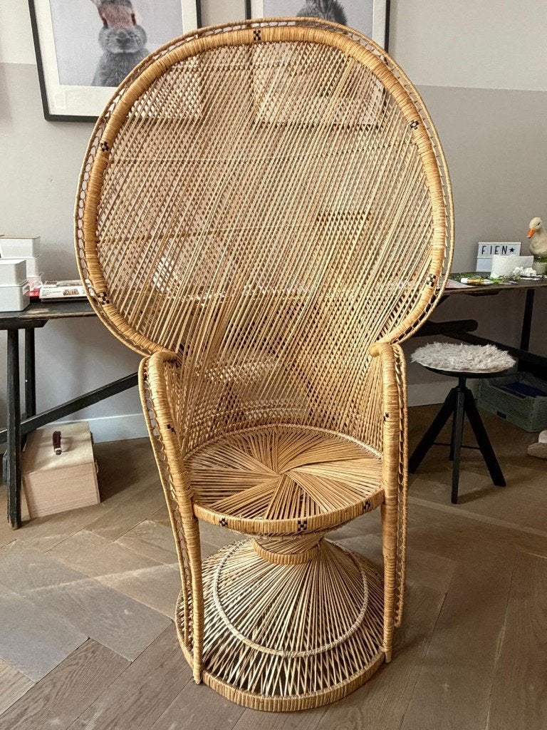 Vintage rotan pauwenstoelen - groot + kinderstoel, Huis en Inrichting, Ophalen, Gebruikt, Twee, Overige kleuren