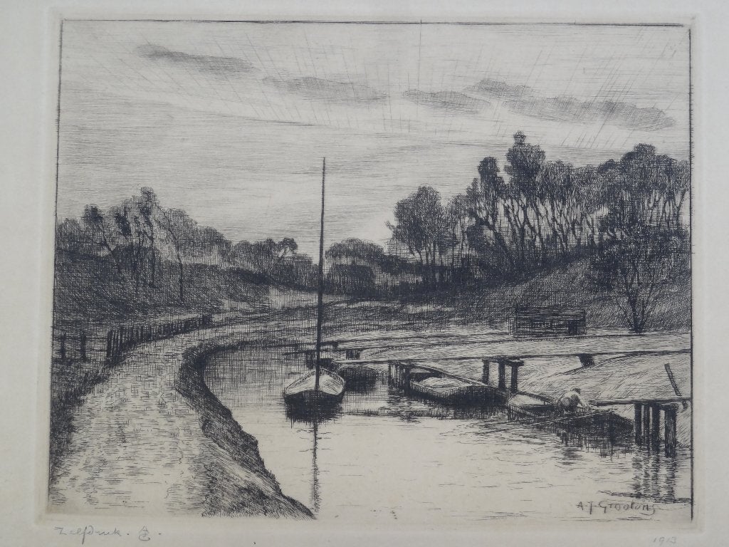 Ets beek met boten en dijk, A.J. Grootens, 1913, Antiek en Kunst, Landschap, Origineel, 1900 - 1949, Verzenden