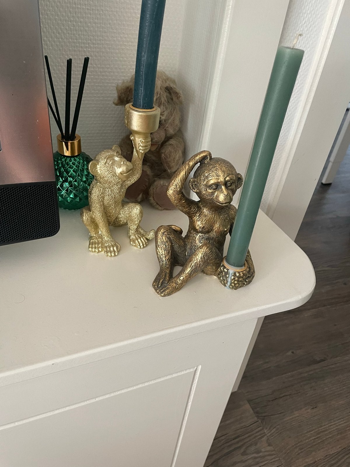 Set van 2 gouden apen kandelaars, Gebruikt, Ophalen of Verzenden, Metaal, Kandelaar