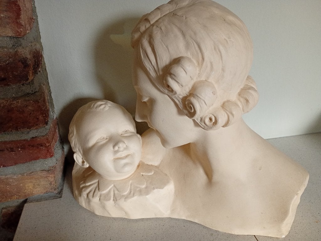Beeld moeder met kind, Overige onderwerpen, Art deco, Gips, Buste