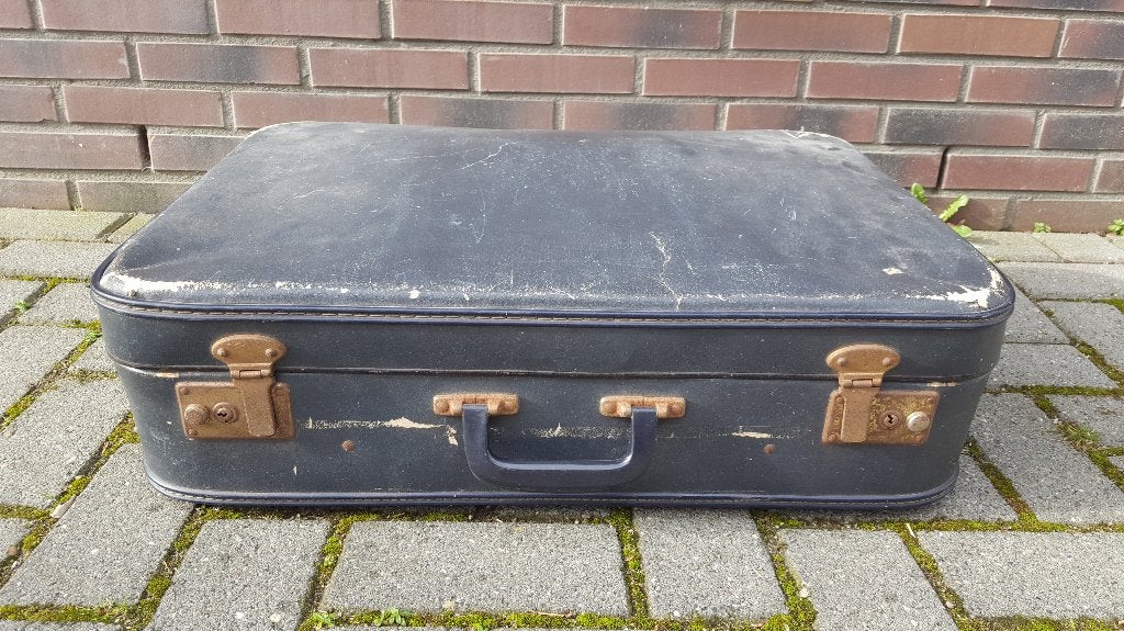 Brocante antieke koffer, blauw leer, hout van binnen. S8, Sieraden, Tassen en Uiterlijk, Koffers, Tweedehands verkoop, Gebruikt