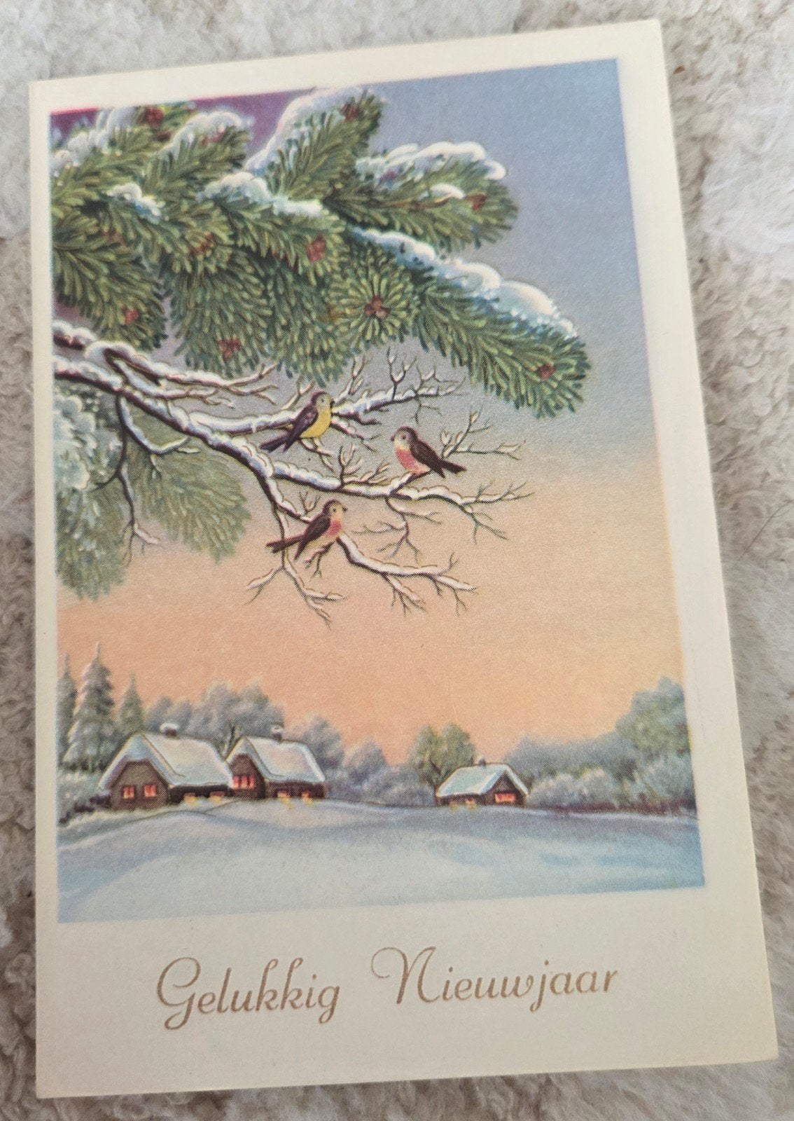 Vintage Gelukkig Nieuwjaar kaart met vogels en sneeuw, Verzenden, 1940 tot 1960, Ongelopen, Feest(dag)