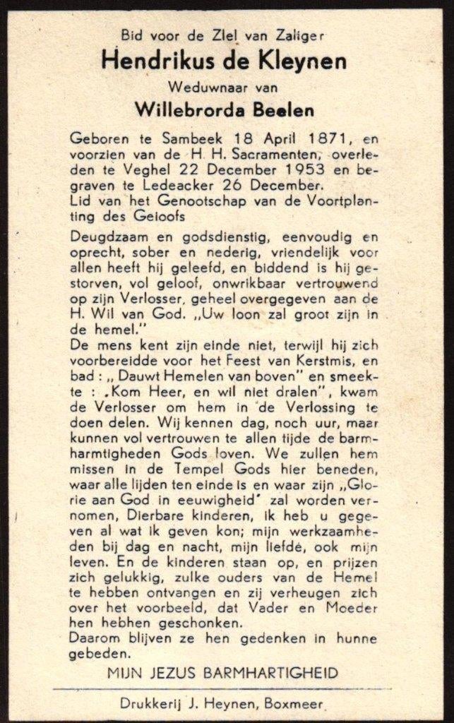 Kleynen de Hendrikus Sambeek 1871-1953 Veghel, Verzamelen, Bidprentjes en Rouwkaarten, Ophalen of Verzenden