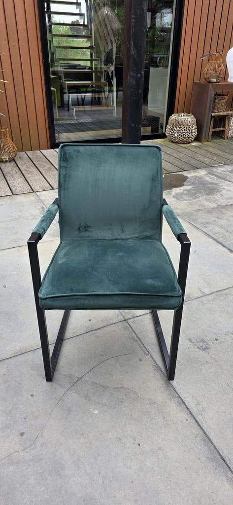 Kick Collection eetkamerstoel groen velvet met armleuning, Huis en Inrichting, Stoelen, Overige kleuren, Zo goed als nieuw, Stof