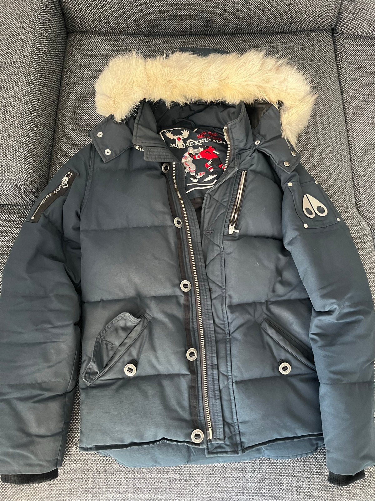 Moose Knuckles Winterjas met bontkraag - Maat S, Ophalen, Zo goed als nieuw, Maat 46 (S) of kleiner, Blauw