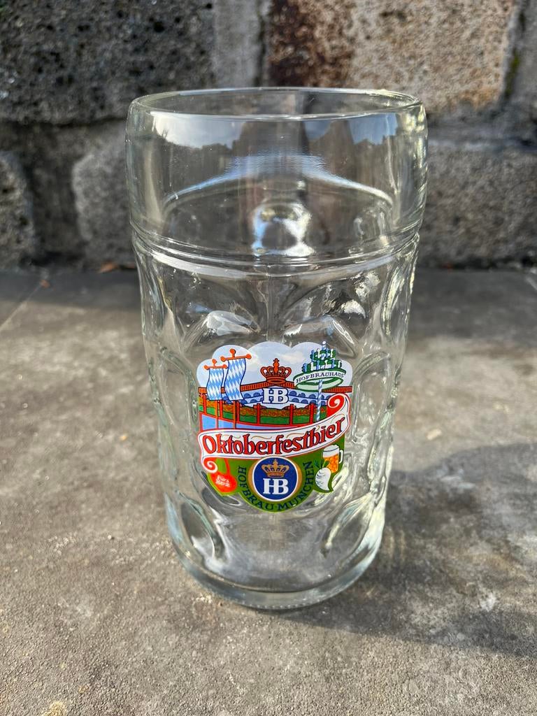 Vintage glazen Hofbrau München Oktoberfestbier 1 liter pul, Ophalen of Verzenden, Zo goed als nieuw, Glas of Glazen, Overige merken