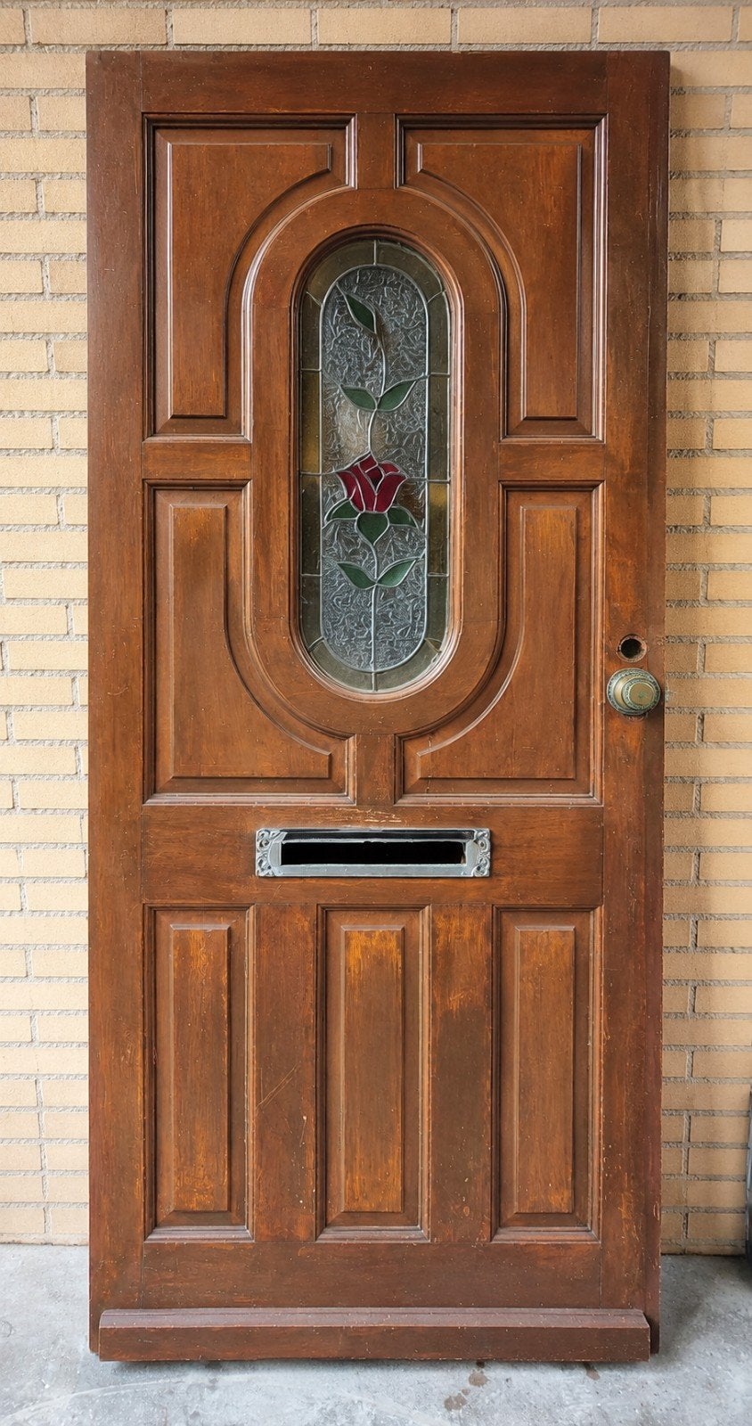 Antieke houten deur met glas-in-lood en brievenbus, Ophalen, Gebruikt, 80 tot 100 cm, Buitendeur