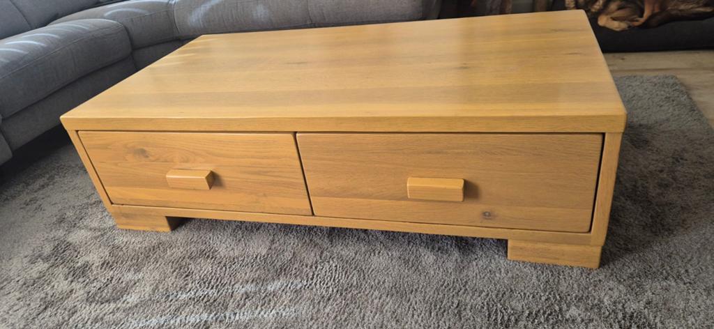 Massief eiken salontafel met opbergruimte, Modern, Klassiek, Gebruikt, 100 tot 150 cm, Eikenhout