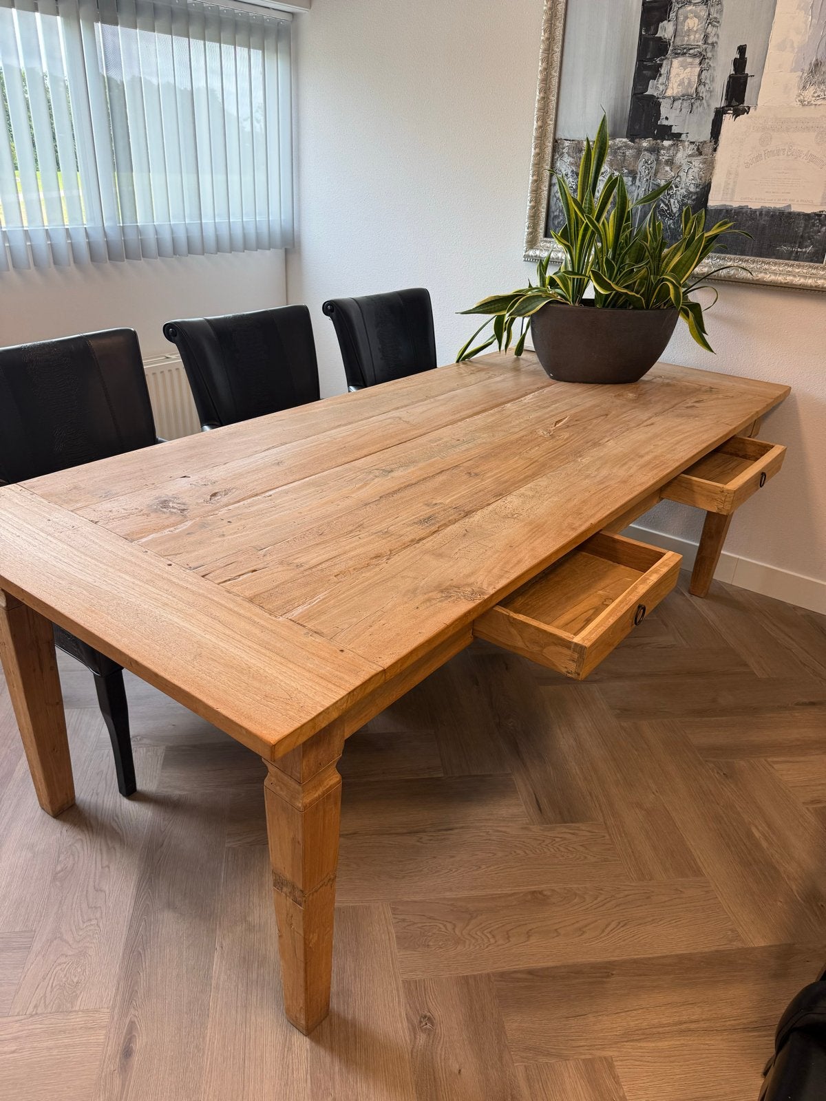 Robuuste houten eettafel met lades - 240x100 cm, Ophalen, Gebruikt, 200 cm of meer, 50 tot 100 cm