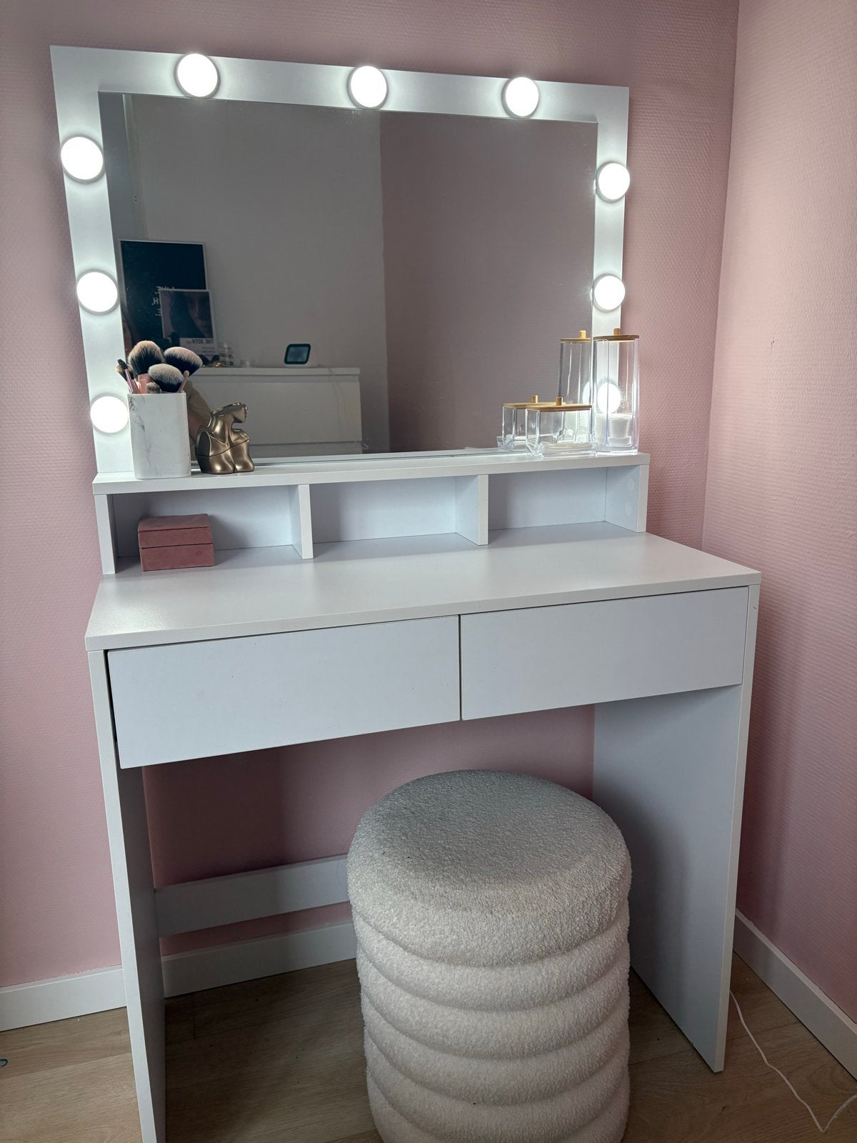 Witte kaptafel met hollywood spiegel en verlichting,, Ophalen, Zo goed als nieuw, 50 tot 100 cm, 100 tot 150 cm