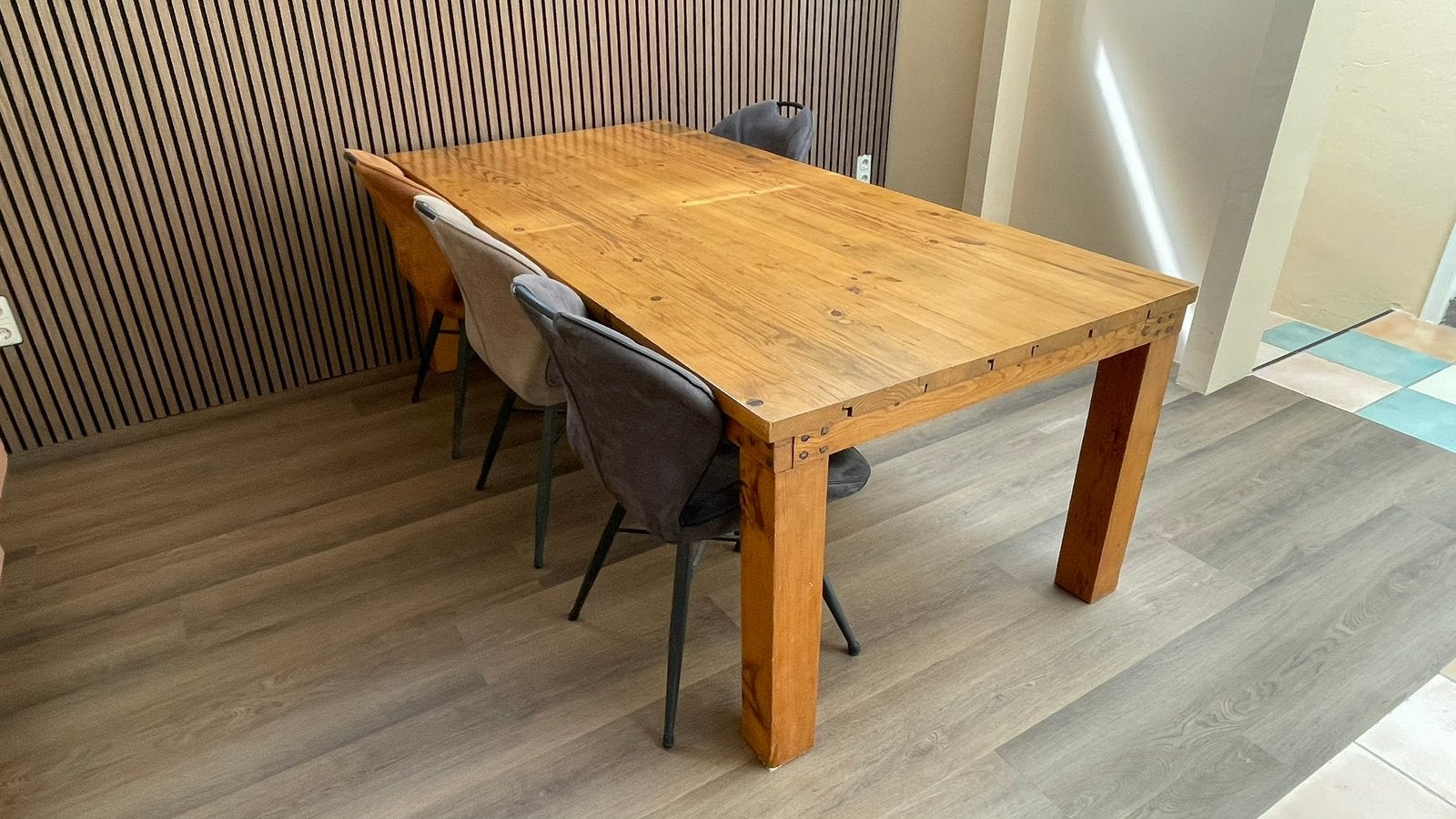 Massief grenen eettafel 220x104, Ophalen, Gebruikt, 200 cm of meer, 50 tot 100 cm