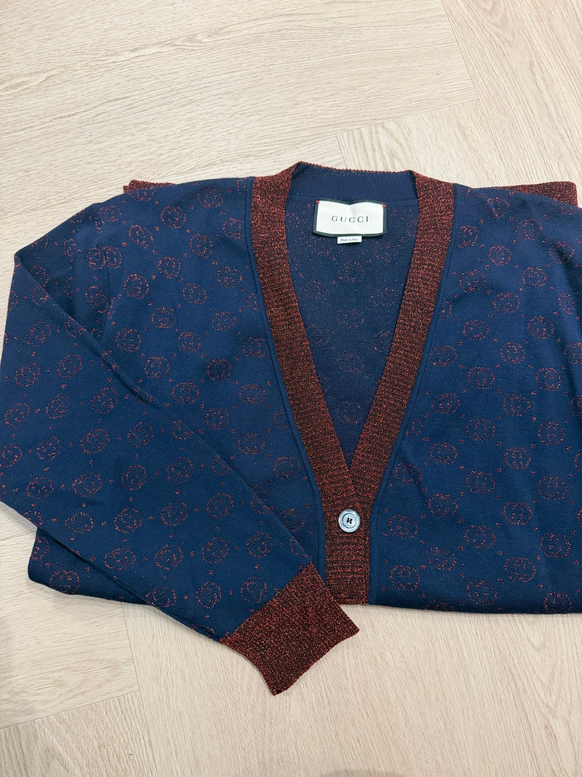 Gucci Cardigan met GG-patroon., Kleding | Dames, Ophalen, Zo goed als nieuw, Maat 36 (S), Blauw