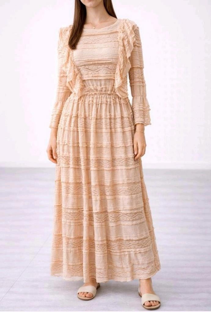 Rinascimento maxi jurk XS – elegante beige jurk met ruches, Beige, Rinascimento, Ophalen of Verzenden, Zo goed als nieuw