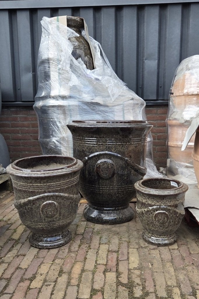 Prachtige geglazuurde bloempotten Anduze stijl Brown bruin, Tuin en Terras, Bloempotten, Ophalen, 40 cm of meer, Rond, Nieuw
