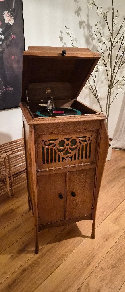Antieke Grammofoonkast / Pathefoon (incl. 10 platen + tas!), Ophalen, Zo goed als nieuw, Platenspeler, Overige merken