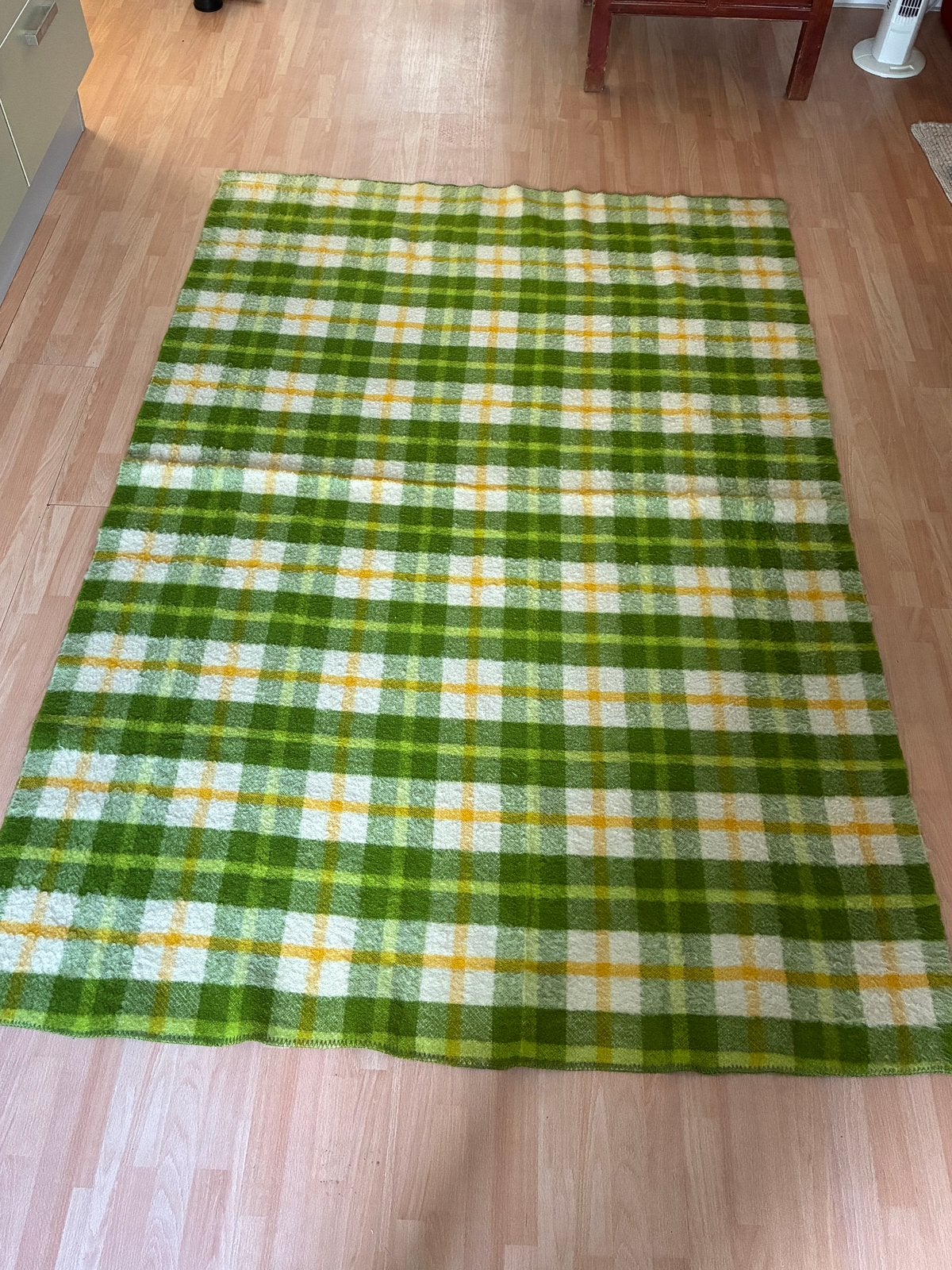 Vintage wollen deken, groen geruit, Nederlandse Wolfederatie, Ophalen, Gebruikt, 100 tot 150 cm, 200 cm of meer