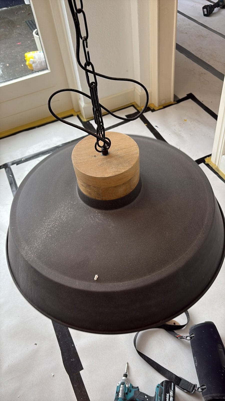 Grote industriële hanglamp met houten detail, Ophalen, Gebruikt, Metaal, E27 (groot)