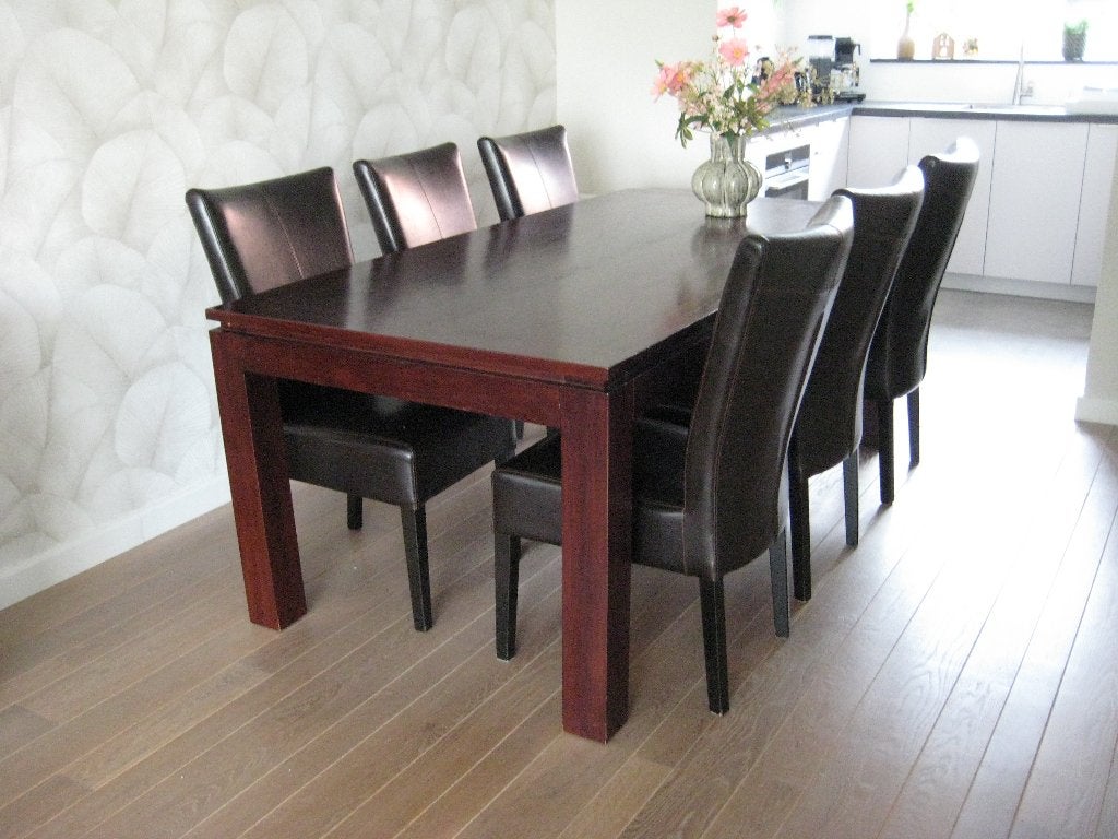 zeer nette tafel + 6 stoelen, Huis en Inrichting, Ophalen, Gebruikt, 200 cm of meer, 50 tot 100 cm