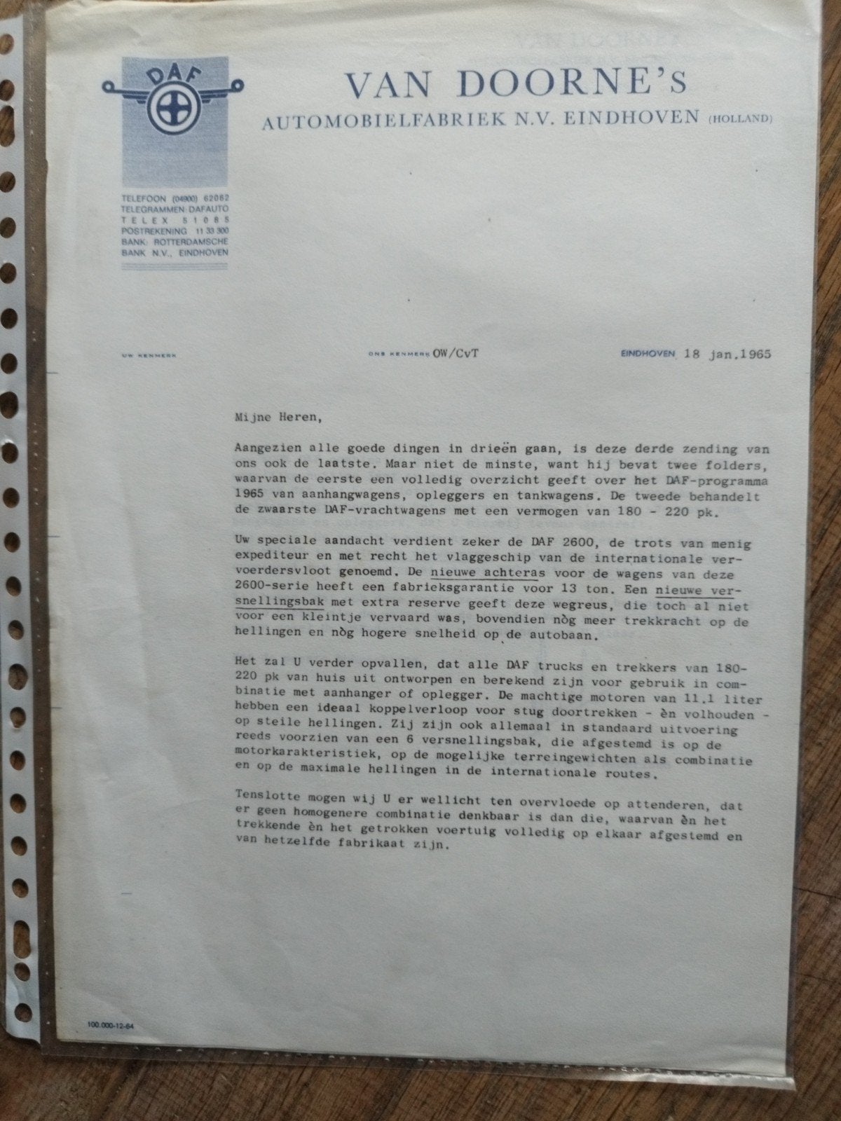 Brief Van Doorne's Automobielfabriek N.V. Eindhoven 1965, Gelezen, Van Doorne's Automobielfabriek N.V., Ophalen of Verzenden, Overige merken