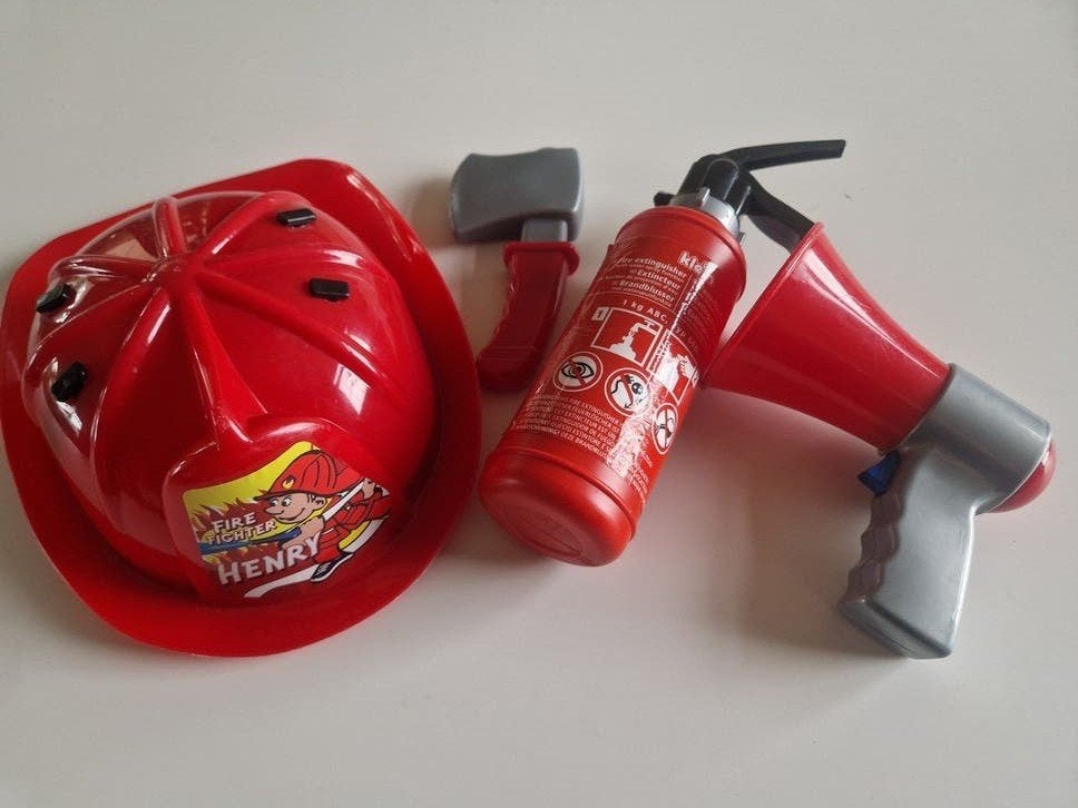 Brandweerman Sam speelset: helm, bijl,brandblusser, megafoon, Ophalen of Verzenden