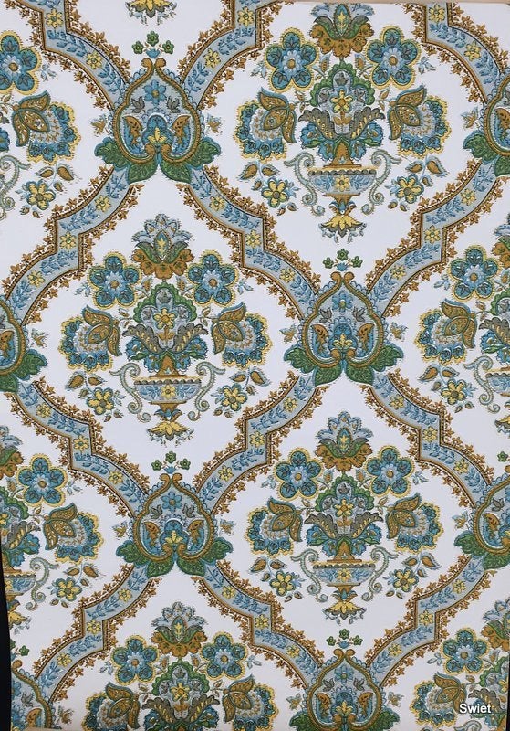 13287 Barok behang met blauw, terra en groen vintage swiet, Ophalen of Verzenden, Geel