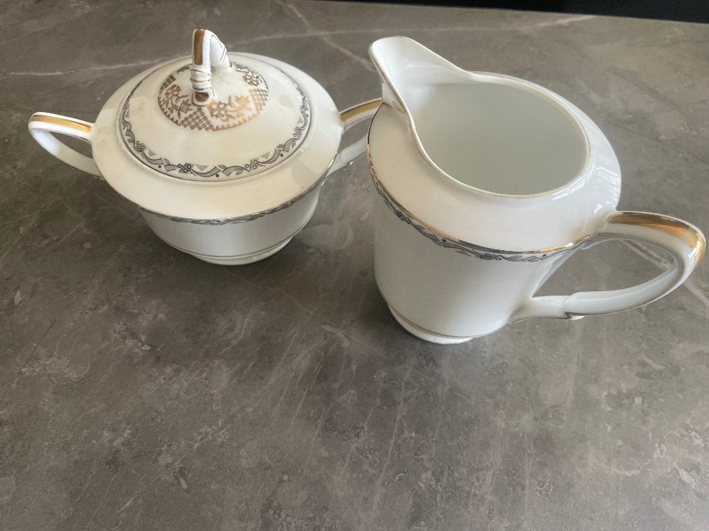 Antiek/vintage melk- en suikerstel met goud, Ophalen of Verzenden