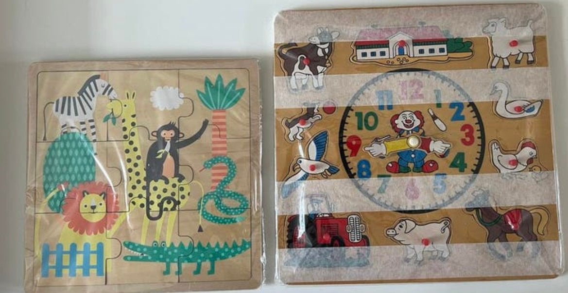 2 houten puzzels, Ophalen of Verzenden, Minder dan 10 stukjes, Zo goed als nieuw, 6 maanden tot 2 jaar
