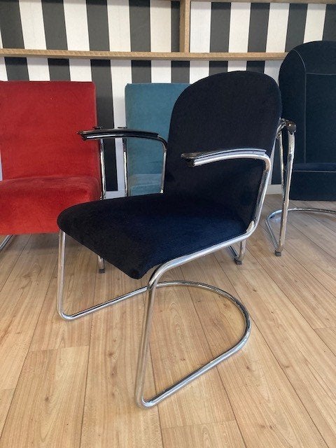 6 Gispen 413 RL, chroom frame, nieuwe zwarte ribstof, Zwart, Design, Zo goed als nieuw, Stof