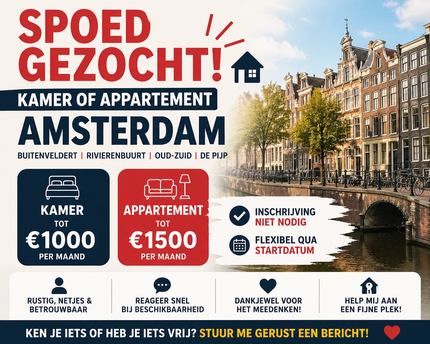 Spoed gezocht: kamer/appartement Amsterdam tot €1500, Amsterdam