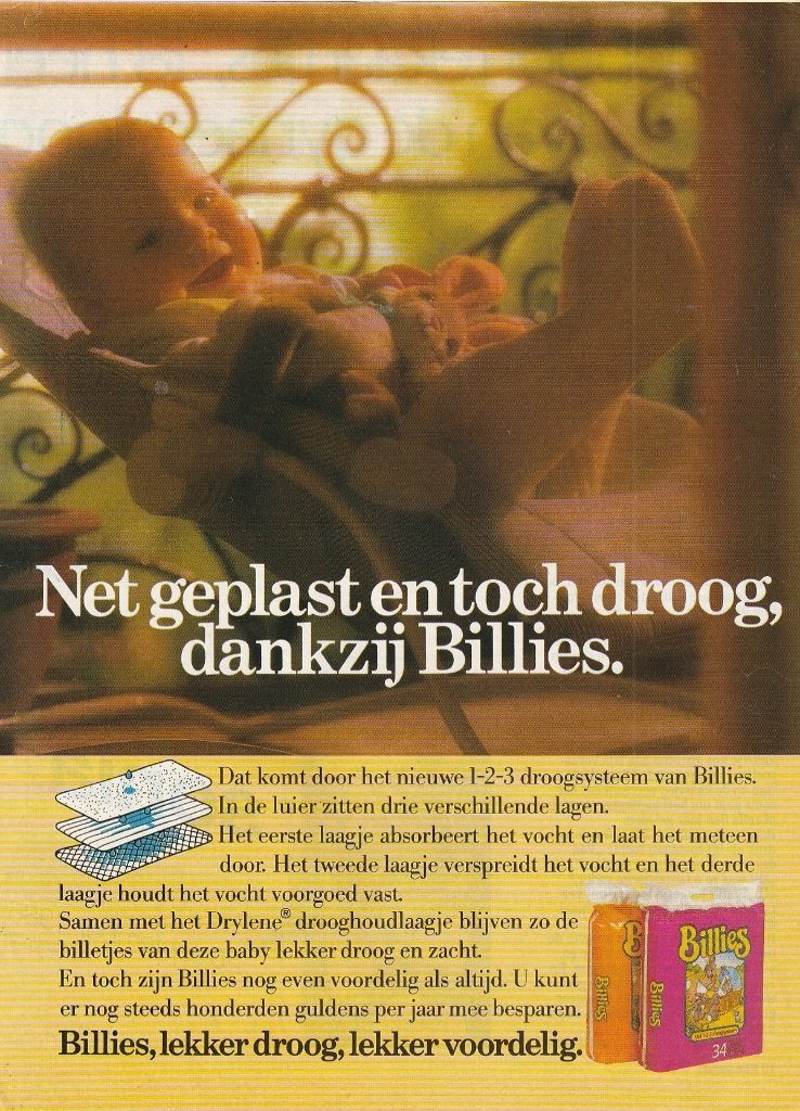 Retro reclame 1985 Billies baby luiers kindje in wipstoeltje, Verzenden, Overige typen