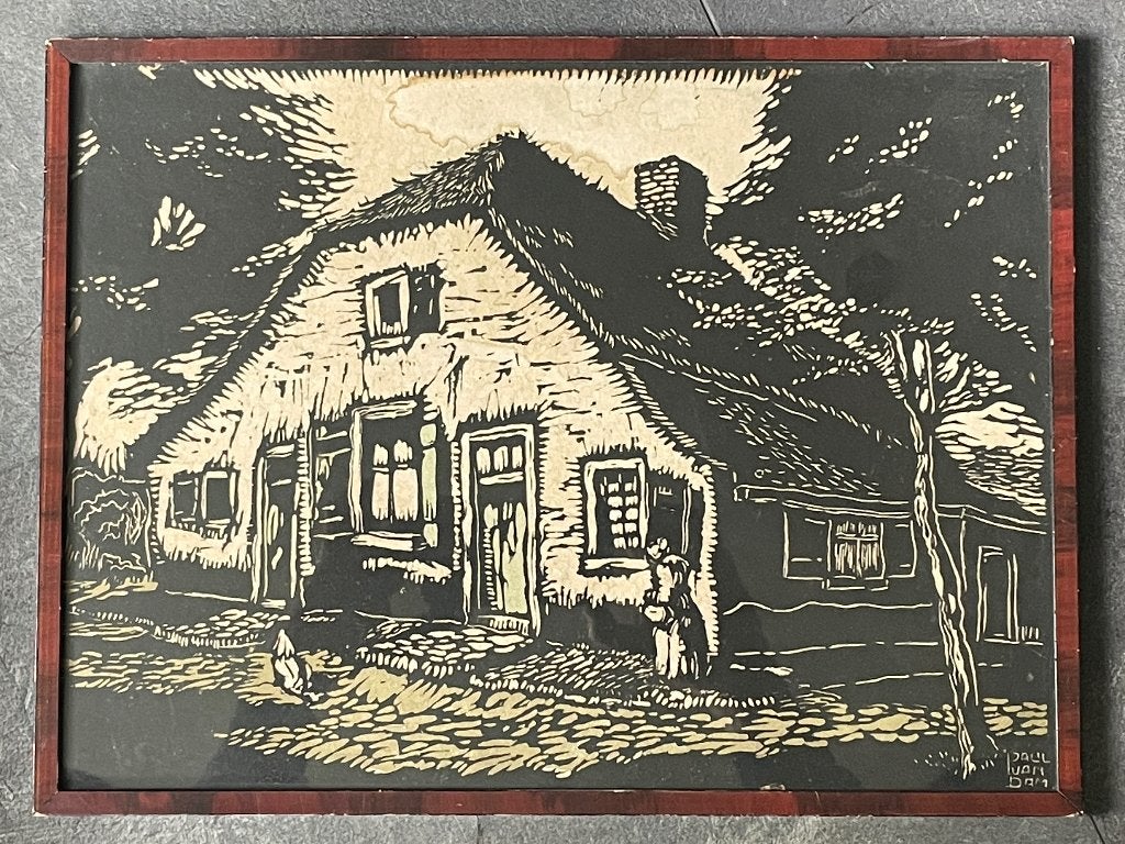 Paul van Dam - Veluwe - - Boerderij Houtsnede - P0221, Ophalen of Verzenden, Houtsnede, 1900 - 1949