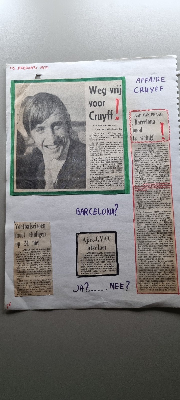Plakboek knipsels Johan Cruyff/Ajax (1970), Ophalen of Verzenden, Gebruikt, Ajax, Poster, Plaatje of Sticker
